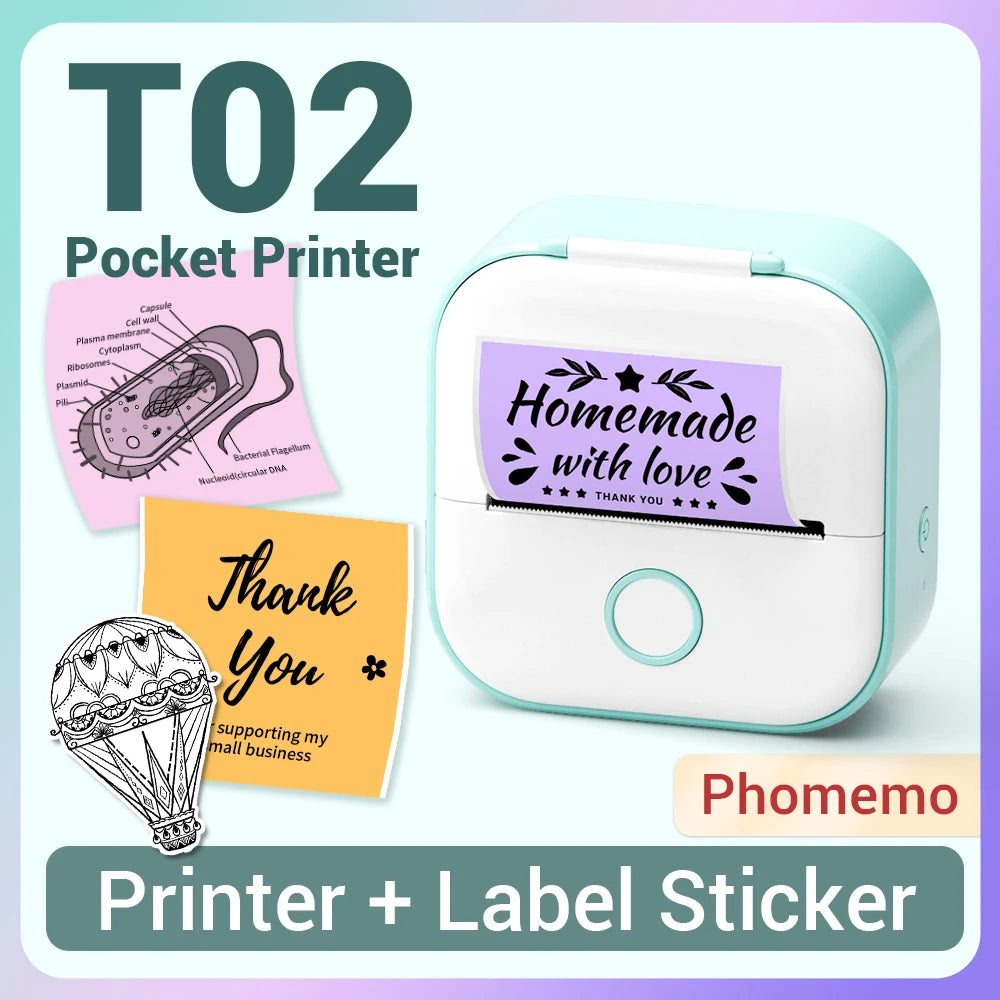 Phomemo T02 Label Maker Sticker Printer Machine Inkless Portable Study Printer for Receipts Pictures Journals Mini Printer