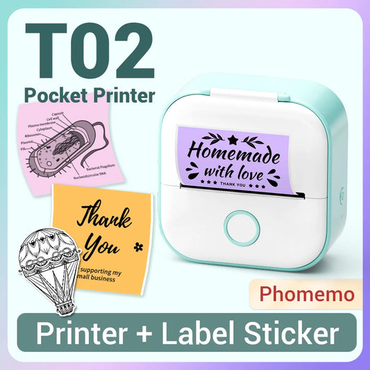 Phomemo T02 Label Maker Sticker Printer Machine Inkless Portable Study Printer for Receipts Pictures Journals Mini Printer